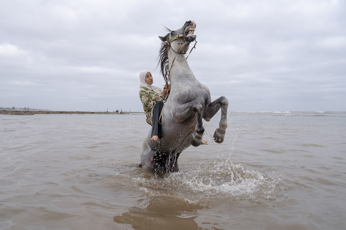 Title: Farīsāt: Gunpowder’s DaughtersCredit: © Chantal Pinzi, Panos PicturesCaption: Ghita Jhiate manages her unruly stallion. Long forbidden by her father to participate in Tbourida, she finally realized her dream of riding alongside pioneer Zah